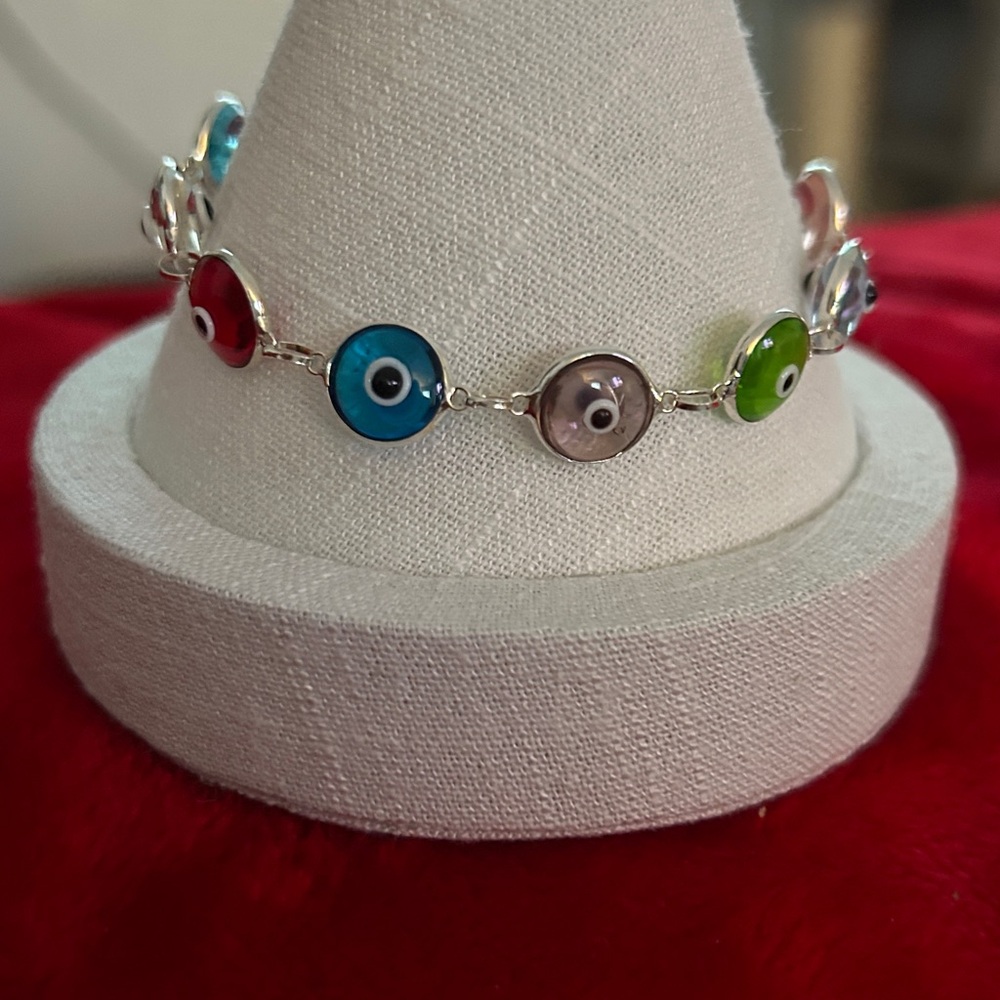 Sterling Silver Multicolor‎ glass Evil Eye Bracelet